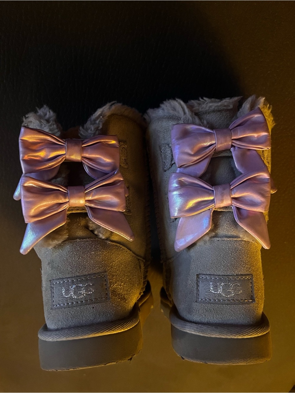 UGG Gray Short Boots with Shimmery Purple Satin Bows